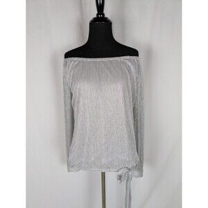 Cece Blouse S Women's Metallic Silver Off the Shoulder Long Sleeve Tie Hem